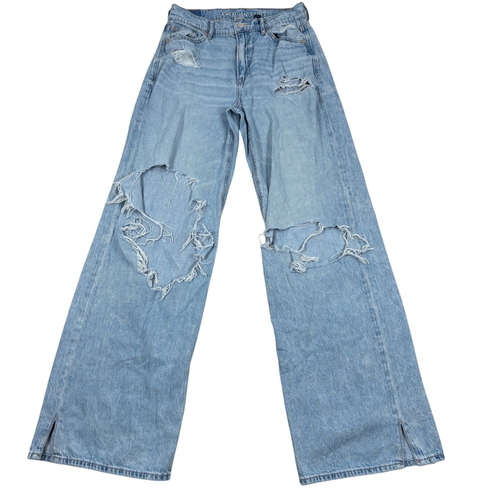 American Eagle Super High Rise Baggy Wide Leg Jeans Womens 00 Distressed Y2K